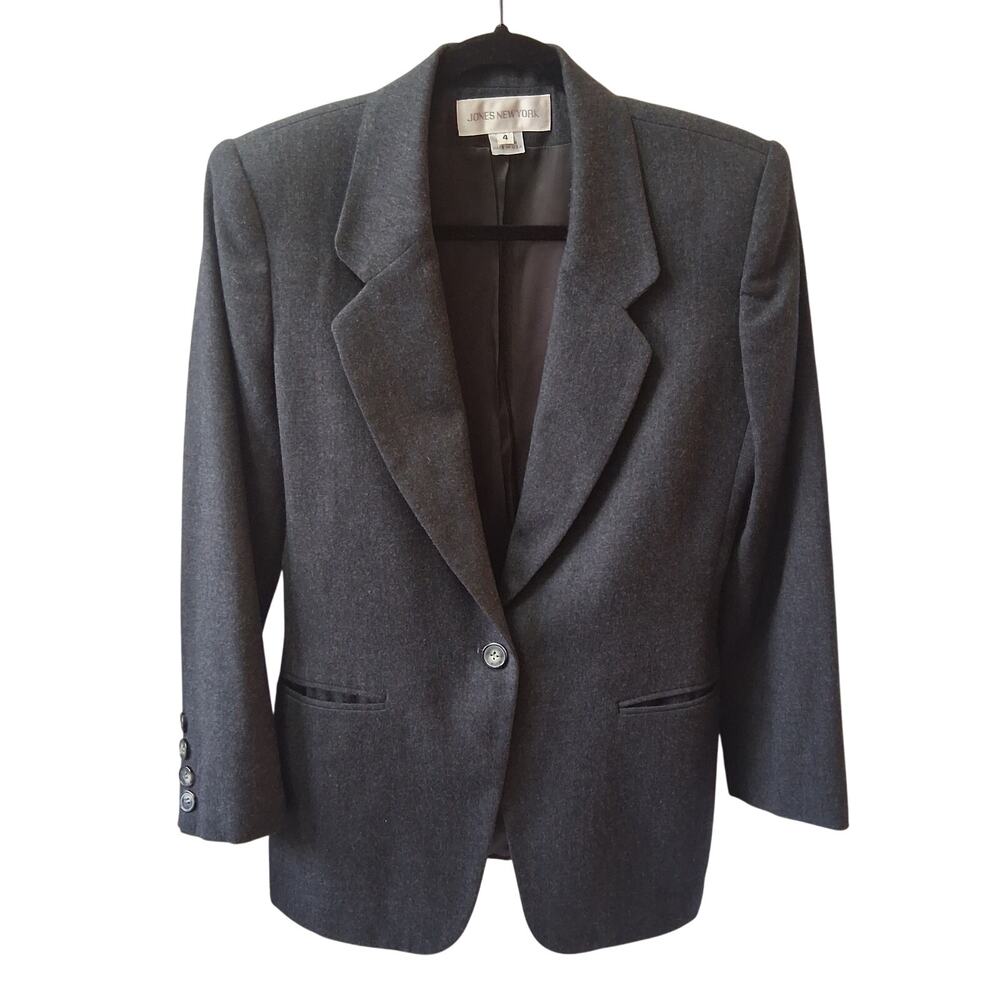 Jones New York Women 100% Pure Wool Coat Blazer 1 Button Jacket Gray Size-4